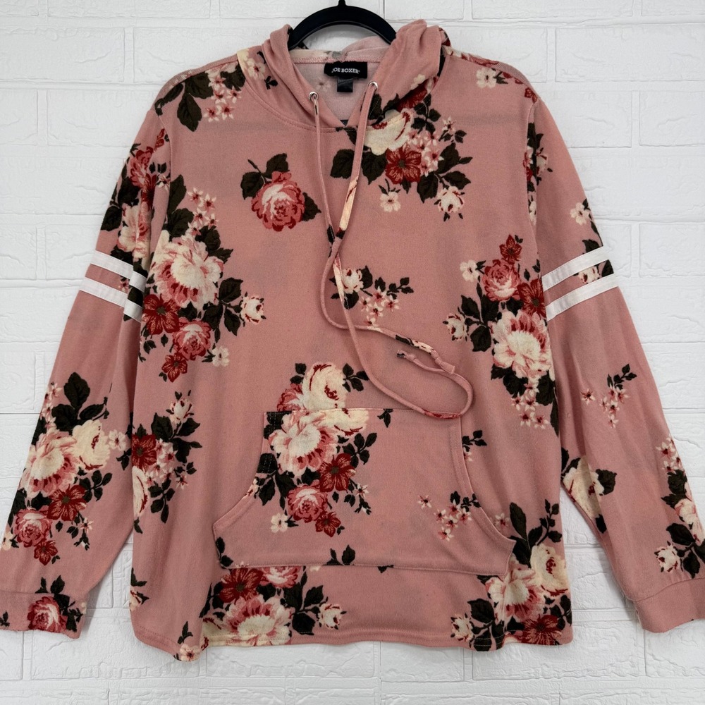 Joe Boxer Hoodie Women 2X Pink Floral Athletic Stripe Long Sleeve Pullover